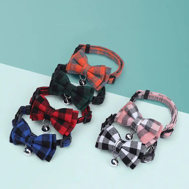 Pet Collar in Plaid with Bow Tie and Bell
